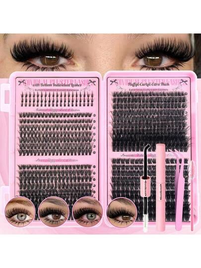 GROINNEYA Lash Clusters Kit DIY Lash Extensions Individuele Wimpers Clusters met Applicator & Lash