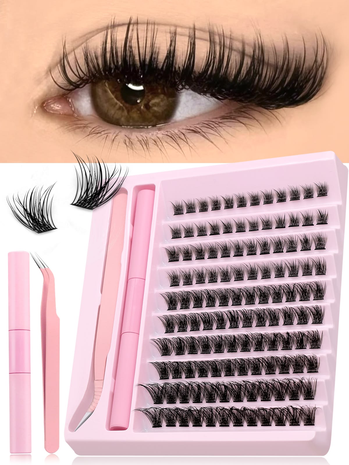 GROINNEYA Lash Clusters Kit DIY Lash Extensions Individuele Wimpers Clusters met Applicator & Lash